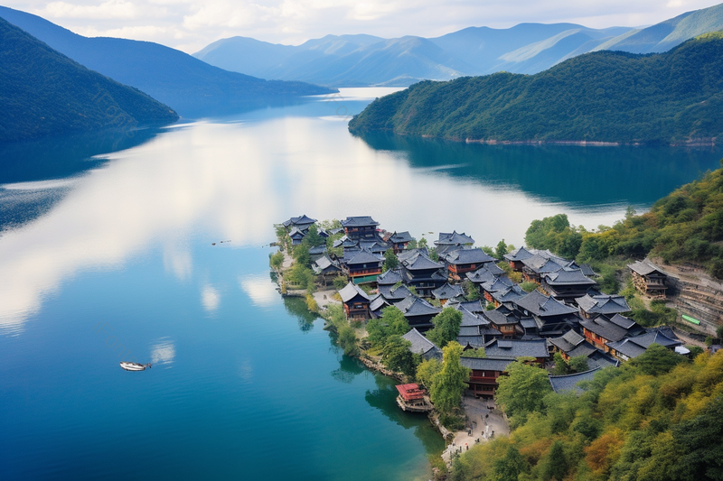 图片水面湖边的古建筑群绿色树林,高清,摄影图,摄影图片,图片大全,摄影图免费下载